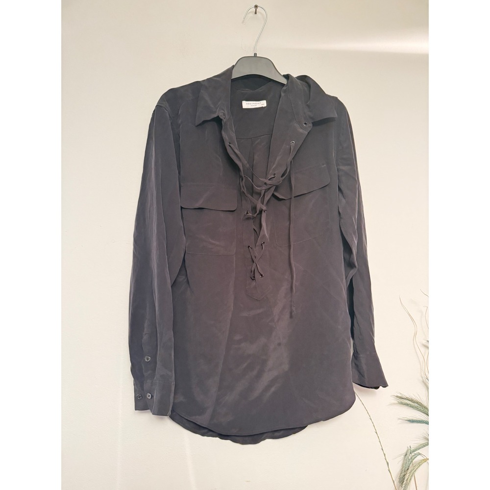 Equipment Femme Black 100% Silk Lace Up Front Utility Blouse Q23-E275 Medium